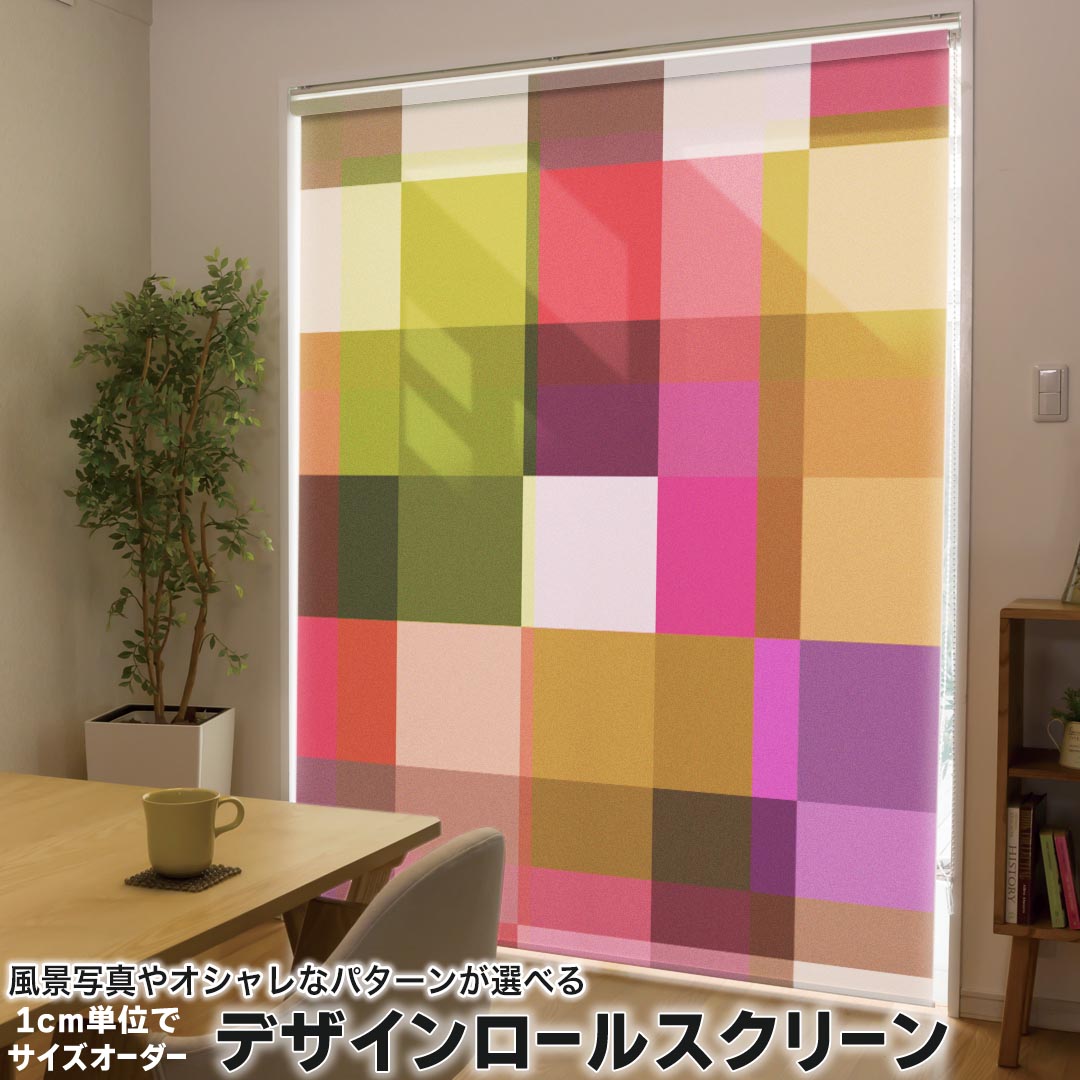 1cm単位サイズオーダー ロールスクリーン ロールカーテン オーダーメイド タチカワ 日本製 間仕切り カーテン 採光 非遮光 目隠し UVカット カーテンレール チェーン式 プル式 002355 チェック・ボーダー 模様　カラフル