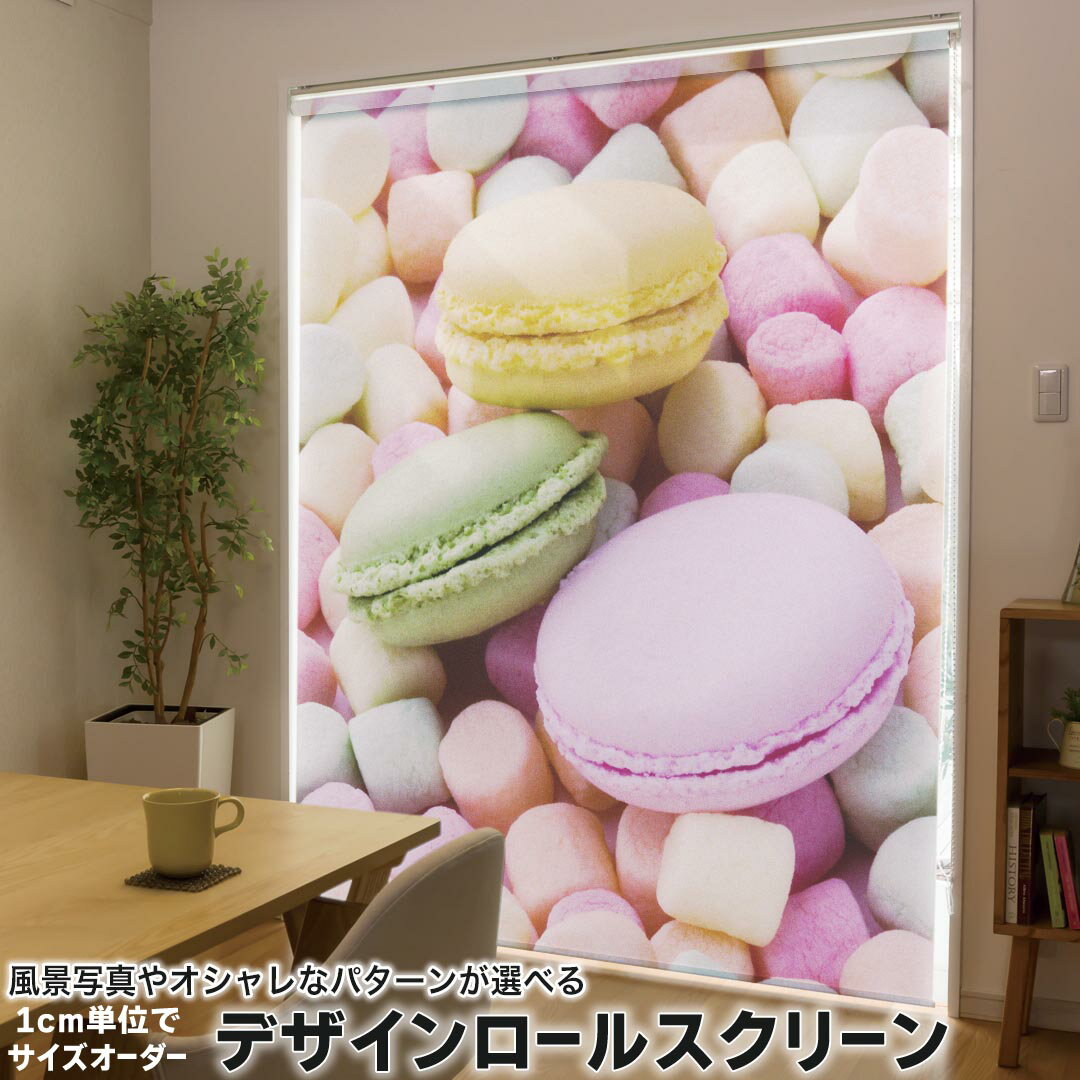 1cm単位サイズオーダー ロールスクリーン ロールカーテン オーダーメイド タチカワ 日本製 間仕切り カーテン 採光 非遮光 目隠し UVカット カーテンレール チェーン式 プル式 002600 ラブリー マカロン カラフル 写真