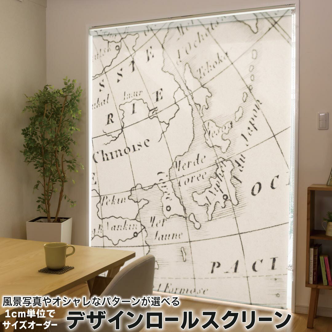 1cm単位サイズオーダー ロールスクリーン ロールカーテン オーダーメイド タチカワ 日本製 間仕切り カーテン 採光 非遮光 目隠し UVカット カーテンレール チェーン式 プル式 002603 クール 地図 世界 外国