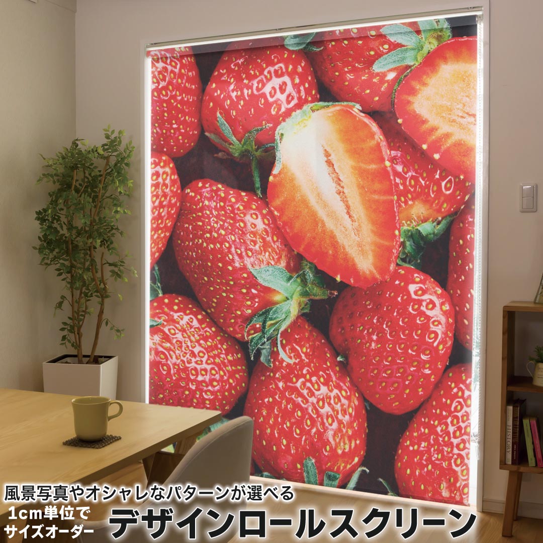 1cm単位サイズオーダー ロールスクリーン ロールカーテン オーダーメイド タチカワ 日本製 間仕切り カーテン 採光 非遮光 目隠し UVカット カーテンレール チェーン式 プル式 033822 イチゴ 苺