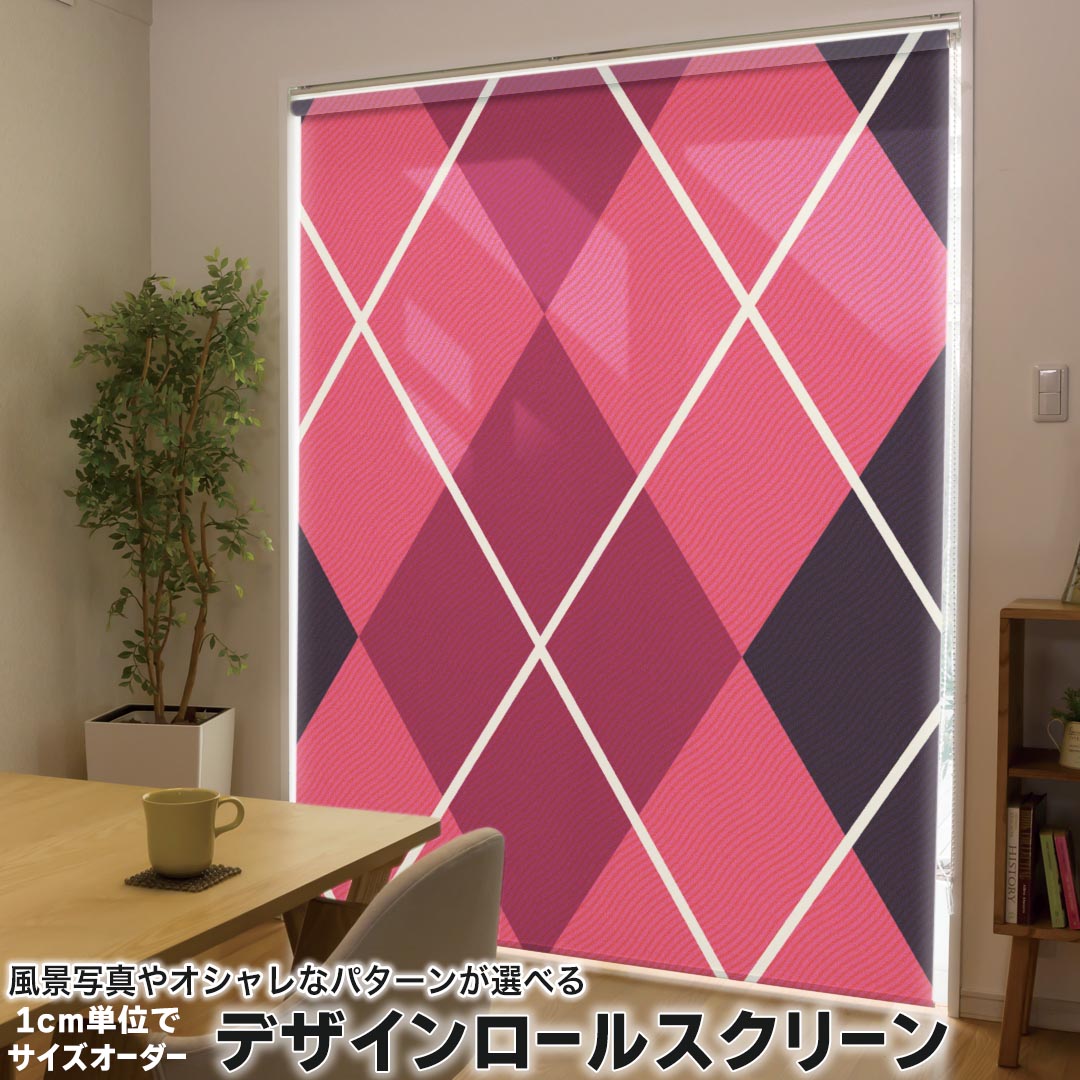 1cm単位サイズオーダー ロールスクリーン ロールカーテン オーダーメイド タチカワ 日本製 間仕切り カーテン 採光 非遮光 目隠し UVカット カーテンレール チェーン式 プル式 004225 チェック・ボーダー チェック ピンク 黒