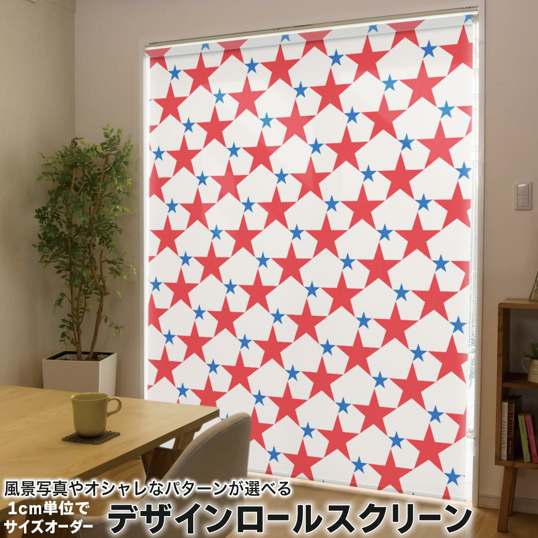 1cm単位サイズオーダー ロールスクリーン ロールカーテン オーダーメイド タチカワ 日本製 間仕切り カーテン 採光 非遮光 目隠し UVカット カーテンレール チェーン式 プル式 004973 チェック・ボーダー 星　イラスト　赤　青