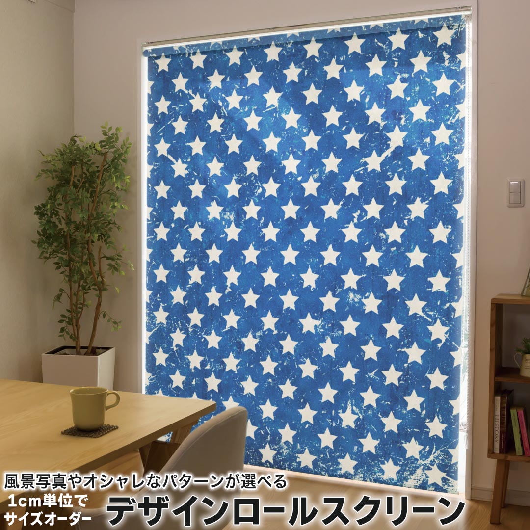 1cm単位サイズオーダー ロールスクリーン ロールカーテン オーダーメイド タチカワ 日本製 間仕切り カーテン 採光 非遮光 目隠し UVカット カーテンレール チェーン式 プル式 005338 チェック・ボーダー 星　スター　青