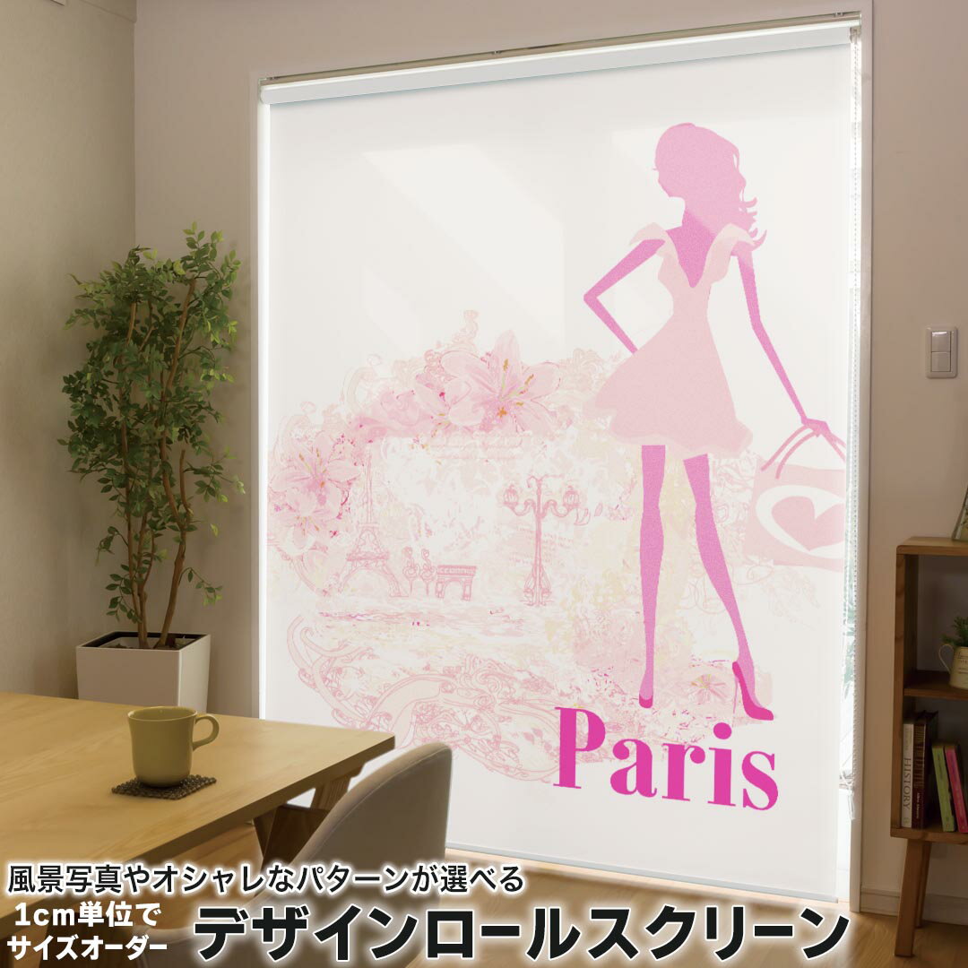 1cm単位サイズオーダー ロールスクリーン ロールカーテン オーダーメイド タチカワ 日本製 間仕切り カーテン 採光 非遮光 目隠し UVカット カーテンレール チェーン式 プル式 005644 ラブリー 人物 ピンク ハート