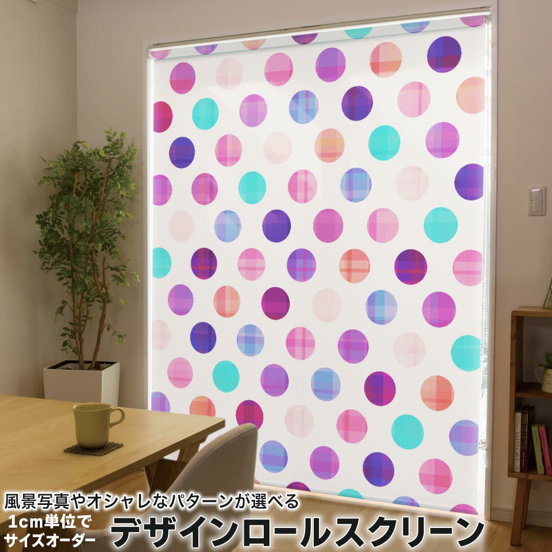 281 cm+ - 1cm単位サイズオーダー ロールスクリーン ロールカーテン オーダーメイド タチカワ 日本製 間仕切り カーテン 採光 非遮光 目隠し UVカット カーテンレール チェーン式 プル式 006202 ラブリー チェック・ボーダー 水玉　カラフル　模様