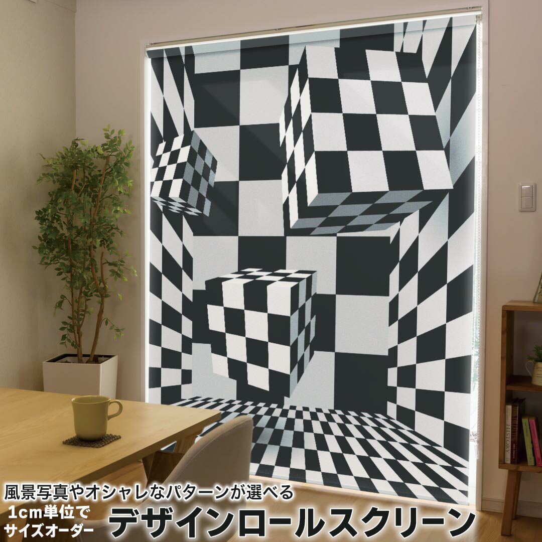1cm単位サイズオーダー ロールスクリーン ロールカーテン オーダーメイド タチカワ 日本製 間仕切り カーテン 採光 非遮光 目隠し UVカット カーテンレール チェーン式 プル式 006712 ユニーク 市松模様 白黒