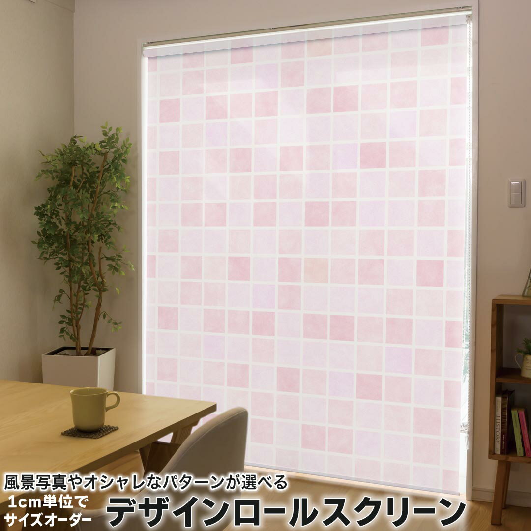 1cm単位サイズオーダー ロールスクリーン ロールカーテン オーダーメイド タチカワ 日本製 間仕切り カーテン 採光 非遮光 目隠し UVカット カーテンレール チェーン式 プル式 009526 ピンク ブロック シンプル