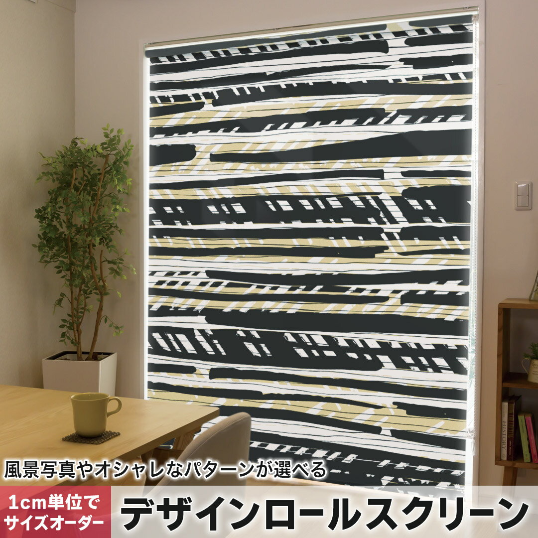 1cm単位サイズオーダー ロールスクリーン ロールカーテン オーダーメイド タチカワ 日本製 間仕切り カーテン 採光 非遮光 目隠し UVカット カーテンレール チェーン式 プル式 011420 黒 手書き風 模様