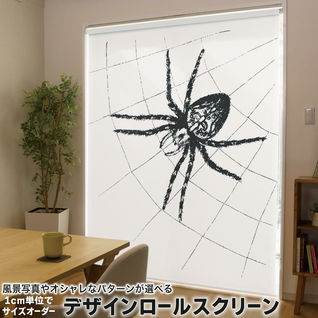 1cm単位サイズオーダー ロールスクリーン ロールカーテン オーダーメイド タチカワ 日本製 間仕切り カーテン 採光 非遮光 目隠し UVカット カーテンレール チェーン式 プル式 017482 ハロウィン ホラー リアル 蜘蛛 クモ