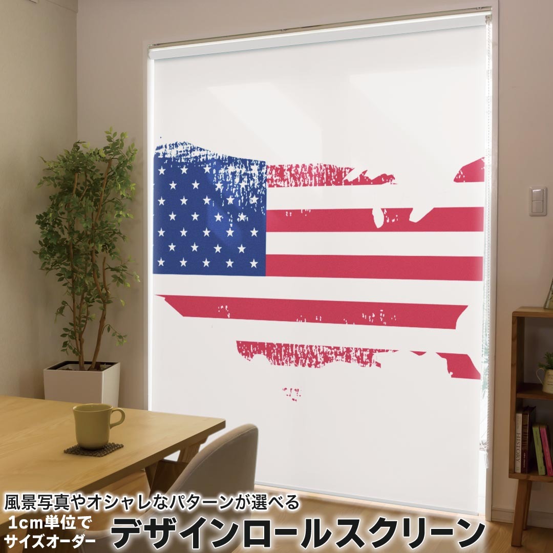1cm単位サイズオーダー ロールスクリーン ロールカーテン オーダーメイド タチカワ 日本製 間仕切り カーテン 採光 非遮光 目隠し UVカット カーテンレール チェーン式 プル式 018978 国旗 united_states アメリカ