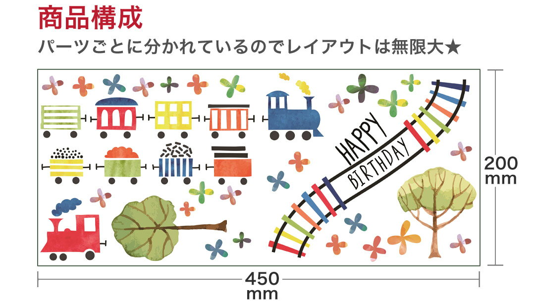 誕生日☆シール式ウォールステッカー 誕生日 birthday 飾り 200×450mm ケーキ ガーランド バースデーパーティ飾り 風船 バルーン 壁紙 お祝い　電車　乗り物　男の子　017016 2