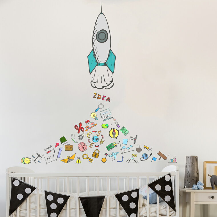 ウォールステッカー ロケット 文房具 子供部屋 雑貨 カラフル 勉強 アルファベット 文字 かわいい おしゃれ 60×60cm シール式 壁紙 はがせる 剥がせる カッティングシート wall sticker 雑貨 DIY プチリフォーム パーティー イベント 賃貸