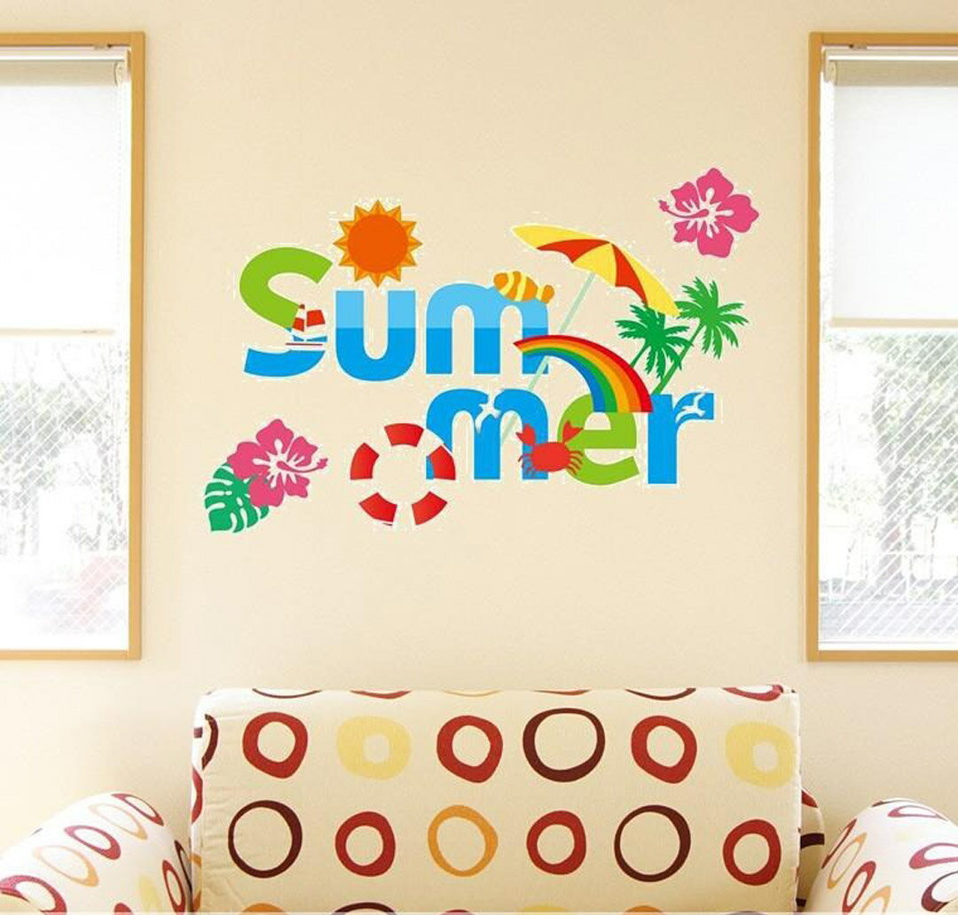 3sizeから選べる！夏☆シール式ウォールステッカー　summer 夏休み 海 ハイビスカス 太陽 飾り 装飾 おしゃれ 壁紙 剥がせる DIY プチリフォーム パーティ 賃貸 190×427mm 390×877mm 590×1327mm Ssize Msize Lsize 014118