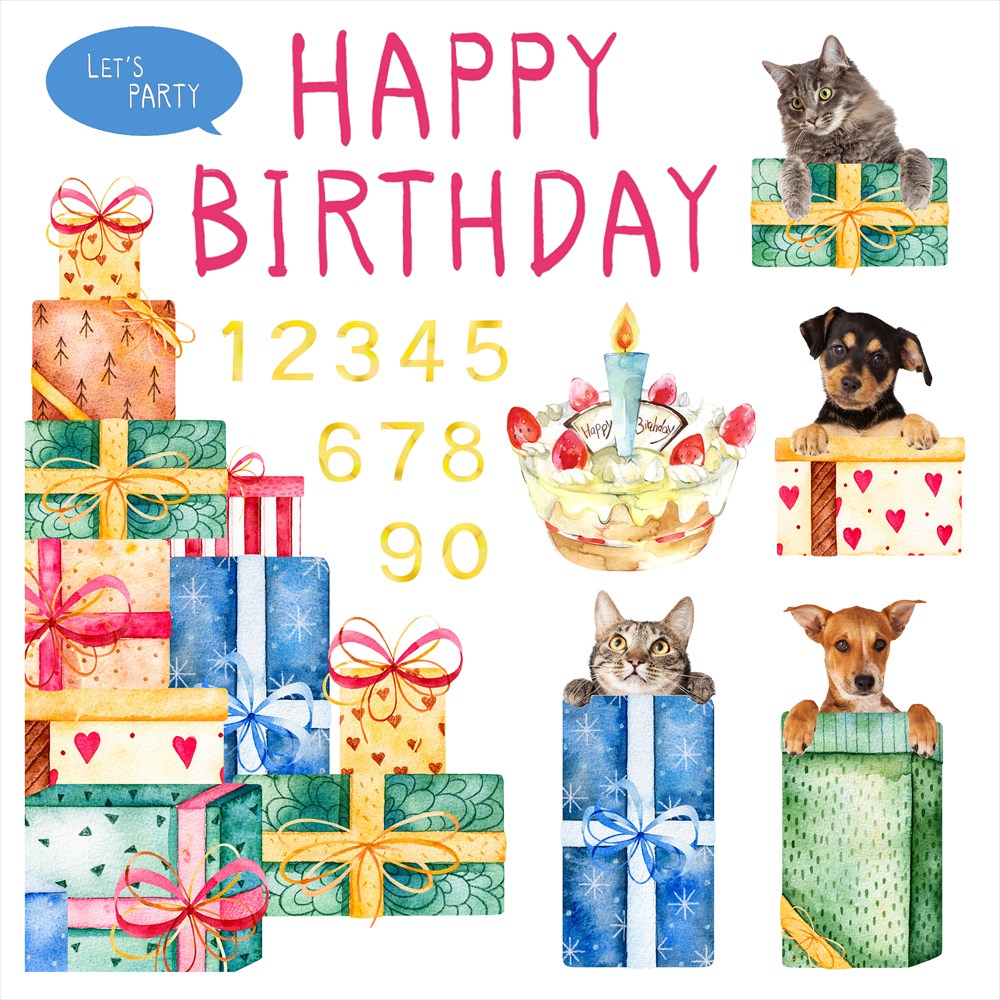 3sizeから選べる！誕生日☆シール式ウォールステッカー　バースデー 動物 犬 猫 プレゼント 数字 飾り 装飾 おしゃれ 壁紙 剥がせる DIY プチリフォーム パーティ 賃貸 190×427mm 390×877mm 590×1327mm Ssize Msize Lsize 015214