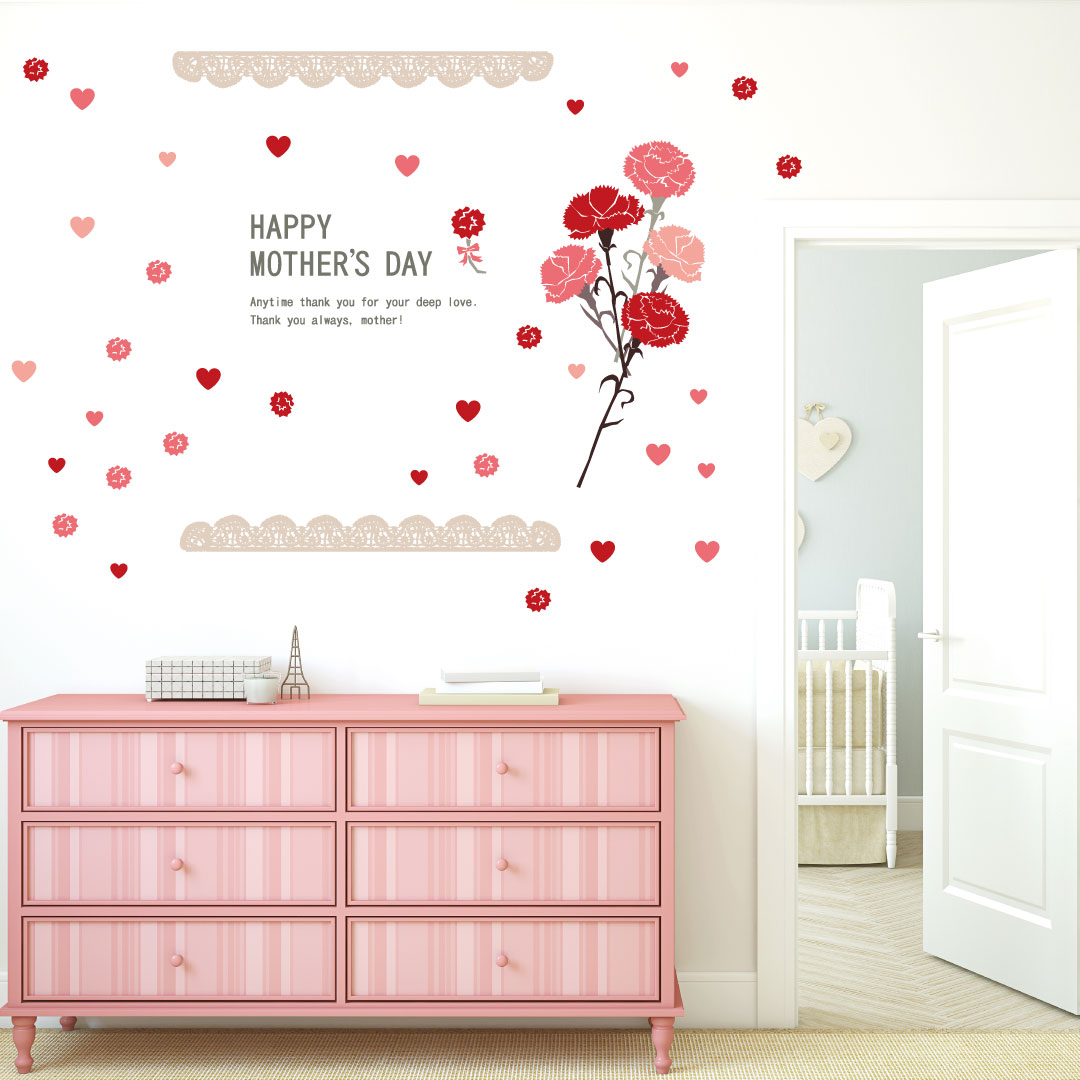 3sizeから選べる！母の日☆シール式ウォールステッカー　mothers day カーネーション 花 プレゼント 190×427mm 390×877mm 590×1327mm Ssize Msize Lsize 015900