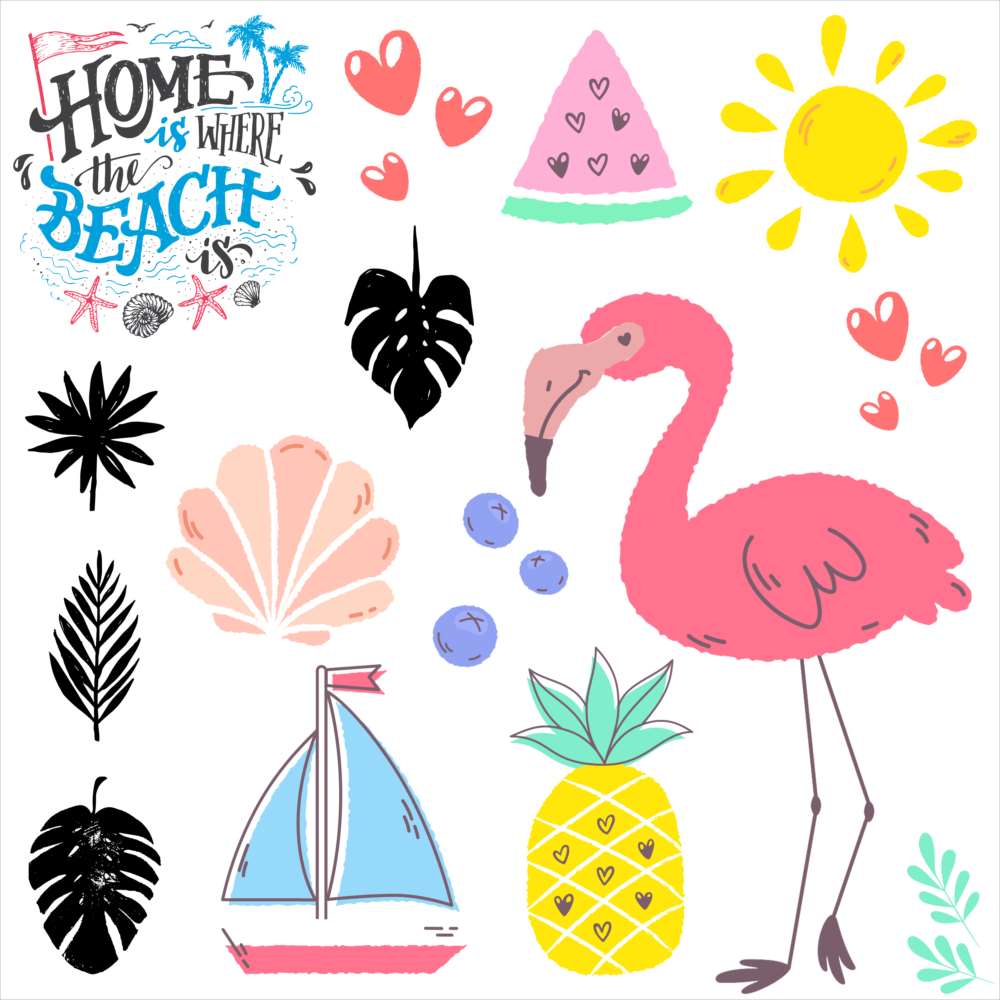 3sizeから選べる！夏☆シール式ウォールステッカー　summer 夏休み 海 ビーチ 太陽 フラミンゴ すいか ..