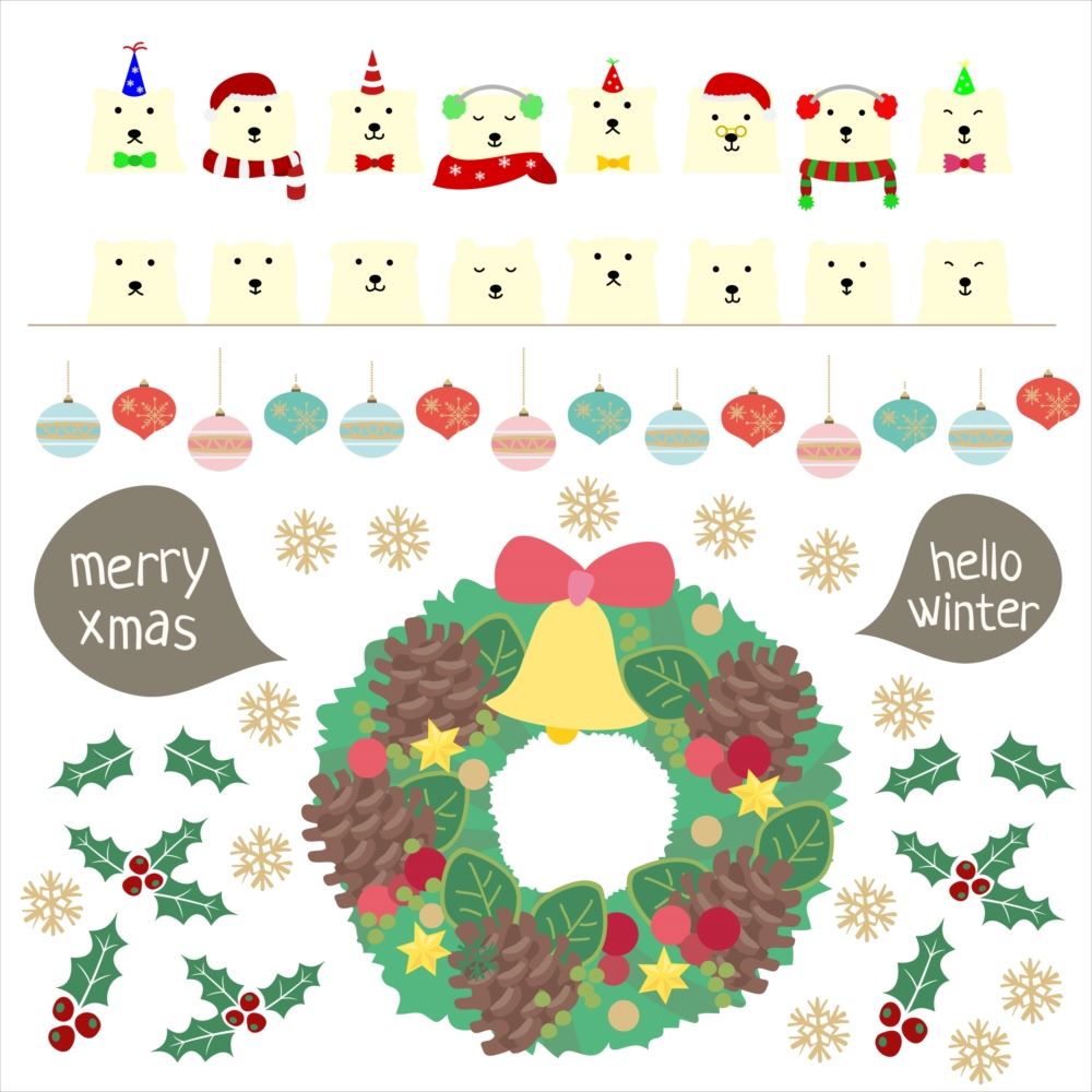 3sizeから選べる！ウォールステッカー 2025 クリスマス Christmas 飾り 190×427mm 390×877mm 590×1327mm Ssize Msize Lsize リース 雪 結晶 飾り オーナメント しろくま 016670