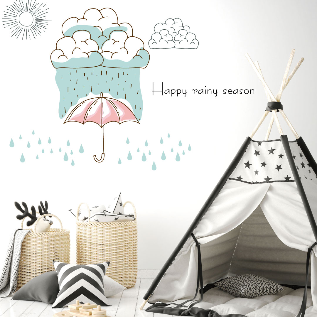 3sizeから選べる！梅雨☆シール式ウォールステッカー 雨 rainy day rainy season 傘 雲 太陽 天気 英語 飾り 装飾 おしゃれ 壁紙 剥がせる DIY プチリフォーム パーティ 賃貸 190×427mm 390×877mm 590×1327mm Ssize Msize Lsize 016868