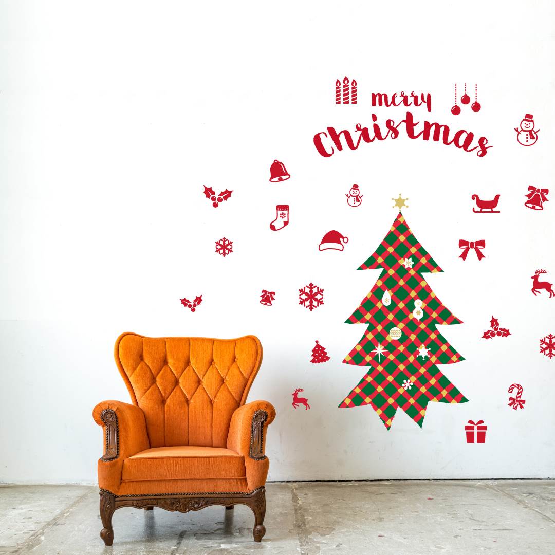 ウォールステッカー クリスマス Christmas 飾り シール式 装飾 オーナメント ツリー リース xmas X'mas　壁紙 はがせる 剥がせる カッティングシート wall sticker 雑貨 DIY サンタ プチリフォーム パー...