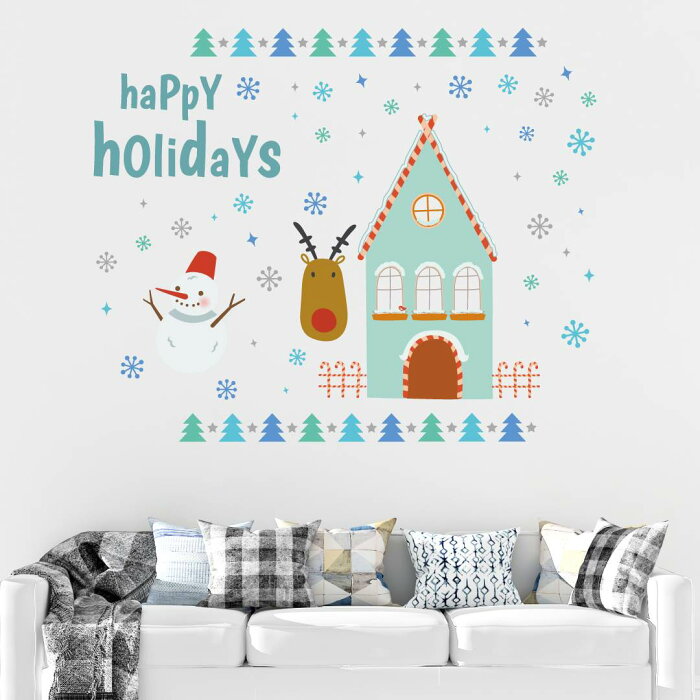 ウォールステッカー クリスマス Christmas Xmas 飾り 90×90cm Lsize シール式 装飾 オーナメント ツリー リース xmas Xmas　DIY サンタ パーティー イベント サンタ　雪　トナカイ　家　017078