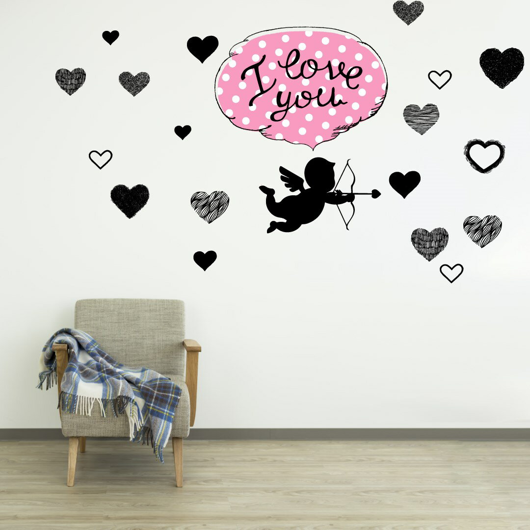 3sizeから選べる！バレンタインウォールステッカー チョコ プレゼント 590×1327mm 390×877mm 190×427mm Valentine ハート love 天使 エンジェル 英語 モノトーン 017160