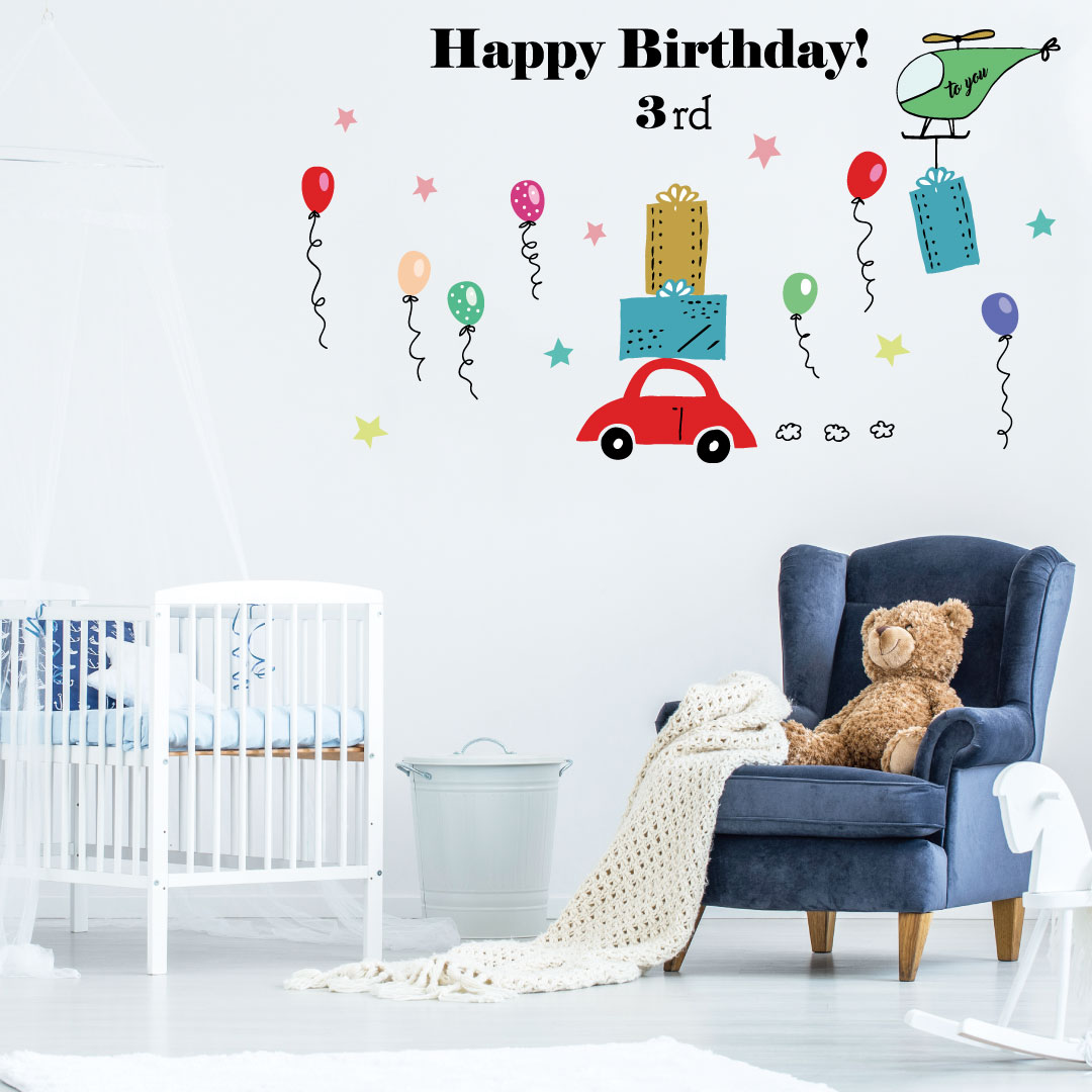 誕生日☆ シール式ウォールステッカー　誕生日 ウォールステッカー 飾り 90×90cm シール式 ケーキ ガー..