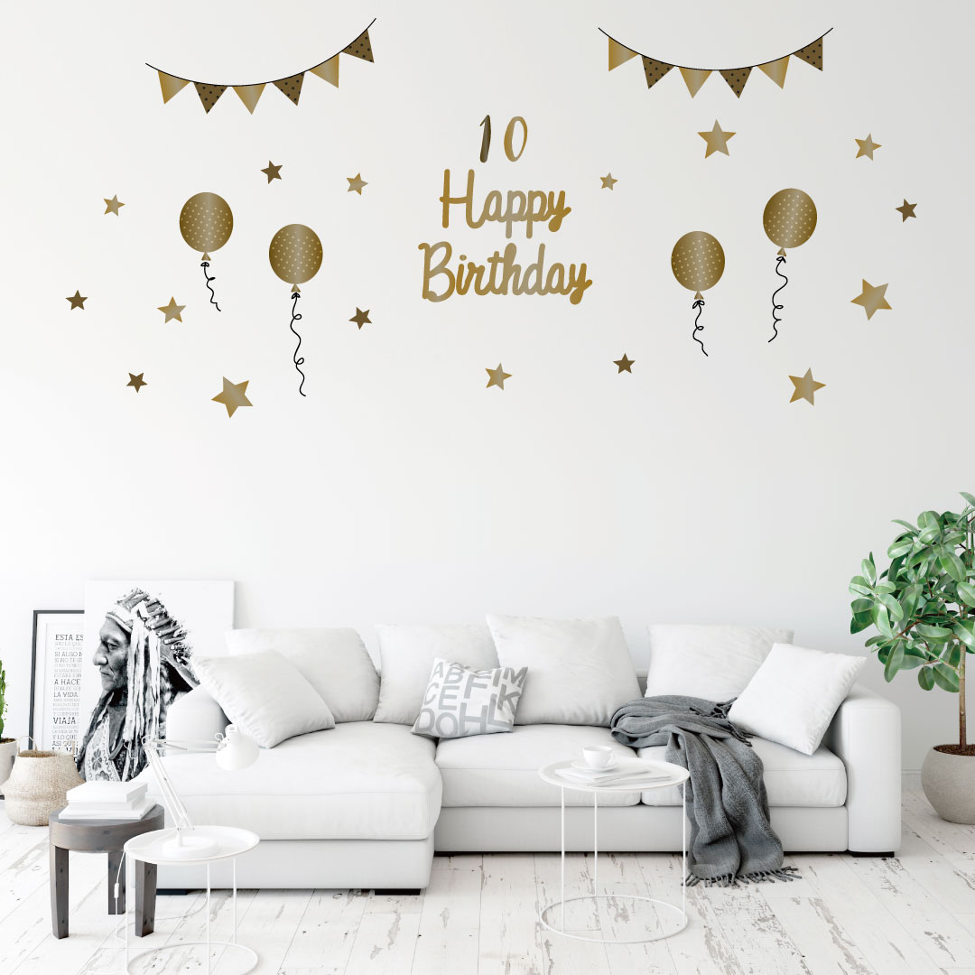 誕生日☆ シール式ウォールステッカー　誕生日 ウォールステッカー 飾り 600×1350mm シール式 ケーキ ガーランド バースデーパーティ飾り 風船 バルーン 壁紙 お祝い ゴールド風　数字　風船　017311のサムネイル