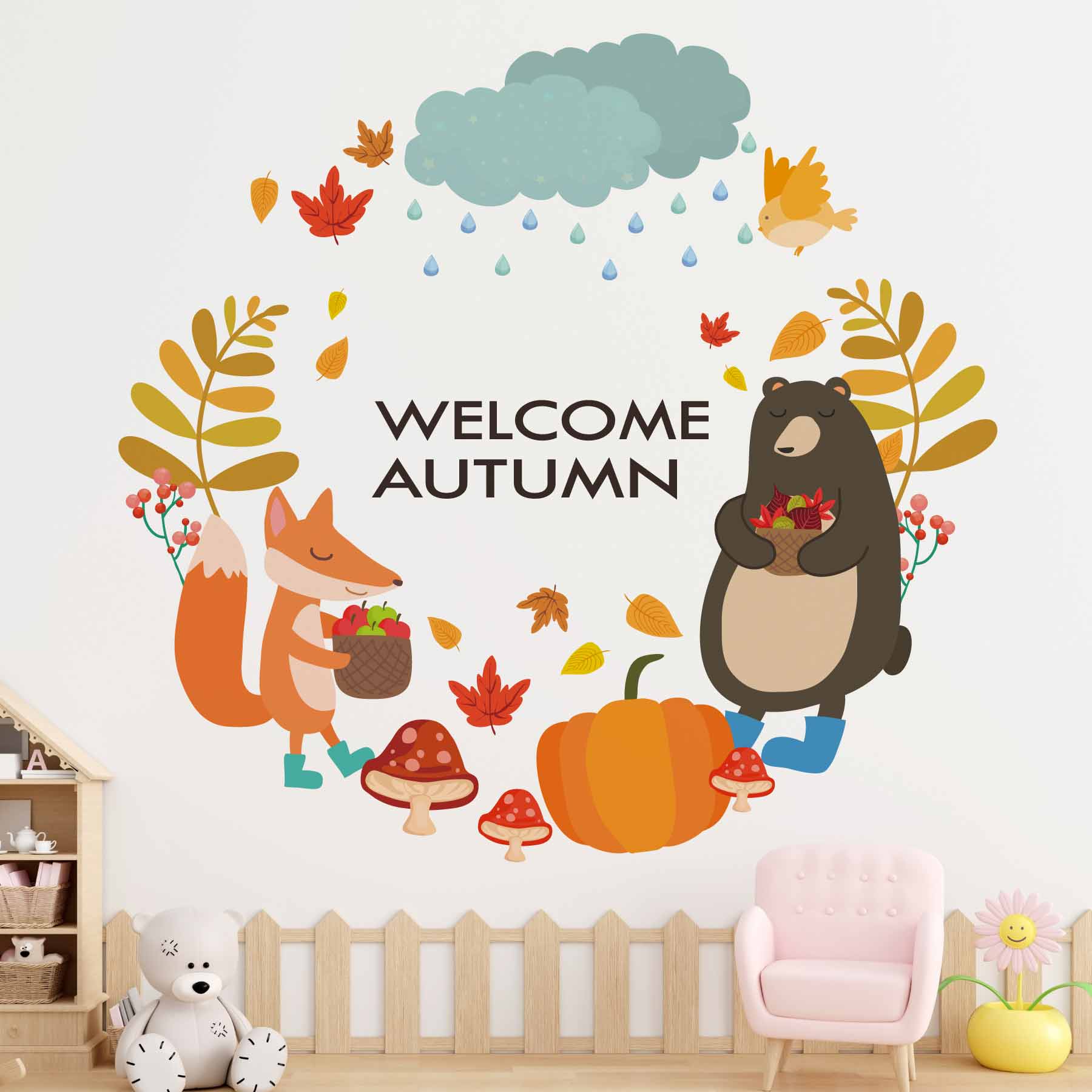 3sizeから選べる！秋・お月見☆シール式ウォールステッカー 190×427mm 390×877mm 590×1327mm Ssize Msize Lsize 中秋の名月 十五夜 紅葉 月 うさぎ きつね 空 植物 動物 季節　036280