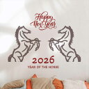 3sizeから選べる!お正月ウォールステッカー 2026 干支 うま 馬 午年 590×1327mm 390×877mm 190×427mm 剥がせる カッティングシート wall sticker 雑貨 正月 馬 墨絵 036474