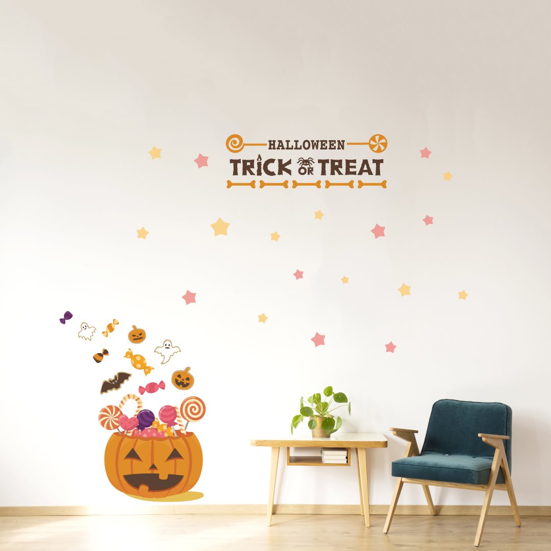ハロウィン☆シール式ウォールステッカー halloween　ハロウィーン かぼちゃ おばけ ランタン パーティ 文字 魔女 かわいい おしゃれ 大人 trick or treat ハロウィーン お菓子 60×60cm 016620のサムネイル