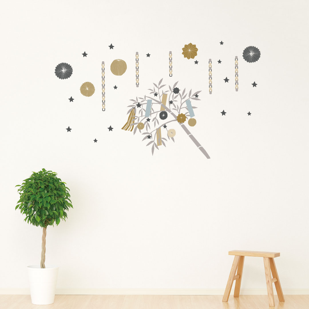 ウォールステッカー 七夕 たなばた 笹 飾り 短冊 飾り 星 天の川 竹 織姫 彦星 60×60cm シール式 装飾 ..