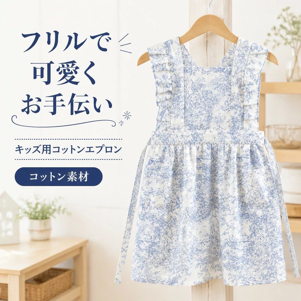 商品説明ブルーの水墨画風プリントをあしらった、コットン素材の子供用ノースリーブエプロンです。フリル、腰ひも、フロントポケットを備え、料理や工作など幅広いお手伝いシーンに使えます。やさしい水墨画風デザインホワイトを基調に淡いブルーの水墨画風柄を配し、肩まわりのフリルが軽やかな印象を添えます。動きやすい無袖タイプ腕を動かしやすいノースリーブ仕様。腰ひもで着用し、前面のポケットに小物を入れられます。商品仕様【素材】綿100％【セット内容】子供用エプロン1点サイズガイドメーカー表記S（3～6歳）：対応身長目安 90～120 cm／胸元から裾 54 cm／腰部寸法 48 cm／裾寸法 83 cmメーカー表記M（6～10歳）：対応身長目安 110～140 cm／胸元から裾 62 cm／腰部寸法 53 cm／裾寸法 83 cm注意事項手作り品のため、記載寸法に多少の誤差が生じる場合があります。ご購入の前に・商品画像は撮影環境やお使いの画面設定により、実物と色味が異なって見える場合があります。・サイズ、仕様、セット内容をご確認のうえ、ご注文ください。・ご注文内容の変更やキャンセルの条件は、ショップのお買い物ガイドをご確認ください。返品・交換について・商品に不具合がある場合や、ご注文内容と異なる商品が届いた場合は、商品到着後にショップまでご連絡ください。・返品・交換の条件、期限および手続きは、ショップの返品・交換案内をご確認ください。
