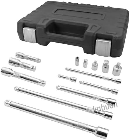 【4種類の変換アダプター】 1/2"x3/8"，3/8"x1/2"，3/8"x1/4"，1/4"x3/8"の4種類のアダプターが含まれています。 様々なソケットサイズの変換が簡単にできます。 【9種類のエクステンションバー】 2インチから10インチまでの異なる長さのバーが付属しています。 様々な作業環境に柔軟に対応できます。 【高品質クロムバナジウム鋼】 高強度の特殊鋼を使用しているため、変形せず、摩耗に強く、通常の鋼材よりはるかに長持ちします。 【精密な滑り止め加工】 特殊な溝加工でグリップ力とトルク伝達効率が向上し、安全で安定した作業が可能です。 【1/4"クリップ付属】 6.35mm標準サイズのクリップが付いているので、接続が緩む心配がありません。【4種類の変換アダプター】 1/2"x3/8"，3/8"x1/2"，3/8"x1/4"，1/4"x3/8"の4種類のアダプターが含まれています。 様々なソケットサイズの変換が簡単にできます。 【9種類のエクステンションバー】 2インチから10インチまでの異なる長さのバーが付属しています。 様々な作業環境に柔軟に対応できます。 【高品質クロムバナジウム鋼】 高強度の特殊鋼を使用しているため、変形せず、摩耗に強く、通常の鋼材よりはるかに長持ちします。 【精密な滑り止め加工】 特殊な溝加工でグリップ力とトルク伝達効率が向上し、安全で安定した作業が可能です。 【1/4"クリップ付属】 6.35mm標準サイズのクリップが付いているので、接続が緩む心配がありません。