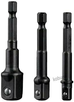 市販の多くのコードレスドリルに対応する、六角軸 6.35mm（1/4 インチ）のソケットアダプターセットです。差し替えるだけで、ドリルドライバーでソケットを使用したボルト・ナットの締め付け・緩め作業が可能になります。1/4・3/8・1/2 インチの 3 サイズが揃っており、用途に合わせて使い分けられます。耐久性に優れた素材を使用しているため、日常の DIY やメンテナンス作業で長く使える設計です。先端にスチールボールを搭載し、ソケットの脱落を防ぐ構造になっています。作業中にソケットが外れる心配が少なく、安心して作業に集中できます。取り付けも簡単で、ソケットを差し込むだけでしっかり固定されます。ドリルに差し込む部分は、標準的な六角軸（6.35mm）を採用しています。作業中に軸が空回りしにくく、しっかりとトルクを伝えられる設計です。一般的なコードレスドリルやインパクトドライバーに対応し、接続部分の安定性を高めます。標準的なソケットはもちろん、多機能ソケットなどにも対応可能です。家具の組み立て、車・バイクのメンテナンス、機械の整備など、幅広い場面で活躍します。ご家庭に 1 セットあれば、様々なネジ作業に役立ちます。市販の多くのコードレスドリルに対応する、六角軸 6.35mm（1/4 インチ）のソケットアダプターセットです。差し替えるだけで、ドリルドライバーでソケットを使用したボルト・ナットの締め付け・緩め作業が可能になります。1/4・3/8・1/2 インチの 3 サイズが揃っており、用途に合わせて使い分けられます。耐久性に優れた素材を使用しているため、日常の DIY やメンテナンス作業で長く使える設計です。先端にスチールボールを搭載し、ソケットの脱落を防ぐ構造になっています。作業中にソケットが外れる心配が少なく、安心して作業に集中できます。取り付けも簡単で、ソケットを差し込むだけでしっかり固定されます。ドリルに差し込む部分は、標準的な六角軸（6.35mm）を採用しています。作業中に軸が空回りしにくく、しっかりとトルクを伝えられる設計です。一般的なコードレスドリルやインパクトドライバーに対応し、接続部分の安定性を高めます。標準的なソケットはもちろん、多機能ソケットなどにも対応可能です。家具の組み立て、車・バイクのメンテナンス、機械の整備など、幅広い場面で活躍します。ご家庭に 1 セットあれば、様々なネジ作業に役立ちます。
