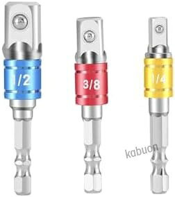 【豊富なサイズ構成で汎用性抜群】 1/4"・3/8"・1/2" の 3 サイズが 1 セットになっており、一般的なソケットレンチや電動ドリル・インパクトドライバーに幅広く対応します。六角軸（6.35mm）から各サイズの角ドライブへ簡単に変換でき、作業の幅を大きく広げます。【高品質な素材で耐久性向上】 クロムバナジウム鋼（Cr-V）を鍛造・表面焼入れ加工しており、高い硬度と耐摩耗性を実現。長期間の使用にも耐え、錆びにくく丈夫な仕上がりで、プロの現場から DIY まで信頼して使えます。【防脱ボール付きで安全かつ確実な接続】 各アダプターには防脱スチールボールが搭載されており、ソケットやドライブとの接続時にしっかり固定。作業中の脱落を防ぎ、安定したトルク伝達を実現し、安全性と作業効率を高めます。【六角軸規格で電動工具との親和性抜群】 標準的な 1/4" 六角軸（6.35mm）仕様のため、市販の電動ドリル・インパクトドライバー・ドライバードリルなどに直接装着可能。手工具と電動工具の間をスムーズに連携させ、作業の手間を大幅に削減します。【コンパクト設計で使いやすさ重視】 コンパクトなサイズ設計（全長約 65mm74mm）で、狭い場所での作業にも適しています。カラーリング（青 / 赤 / 黄）でサイズが一目で識別でき、整理・選択が容易で、作業のスピードアップに貢献します。【豊富なサイズ構成で汎用性抜群】 1/4"・3/8"・1/2" の 3 サイズが 1 セットになっており、一般的なソケットレンチや電動ドリル・インパクトドライバーに幅広く対応します。六角軸（6.35mm）から各サイズの角ドライブへ簡単に変換でき、作業の幅を大きく広げます。【高品質な素材で耐久性向上】 クロムバナジウム鋼（Cr-V）を鍛造・表面焼入れ加工しており、高い硬度と耐摩耗性を実現。長期間の使用にも耐え、錆びにくく丈夫な仕上がりで、プロの現場から DIY まで信頼して使えます。【防脱ボール付きで安全かつ確実な接続】 各アダプターには防脱スチールボールが搭載されており、ソケットやドライブとの接続時にしっかり固定。作業中の脱落を防ぎ、安定したトルク伝達を実現し、安全性と作業効率を高めます。【六角軸規格で電動工具との親和性抜群】 標準的な 1/4" 六角軸（6.35mm）仕様のため、市販の電動ドリル・インパクトドライバー・ドライバードリルなどに直接装着可能。手工具と電動工具の間をスムーズに連携させ、作業の手間を大幅に削減します。【コンパクト設計で使いやすさ重視】 コンパクトなサイズ設計（全長約 65mm74mm）で、狭い場所での作業にも適しています。カラーリング（青 / 赤 / 黄）でサイズが一目で識別でき、整理・選択が容易で、作業のスピードアップに貢献します。