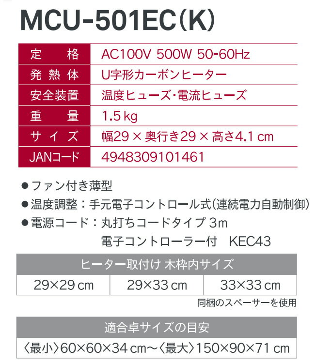 メトロ こたつ用取替えヒーター 500W U字形 カーボンヒーター ファン付薄型 温風ヒーター こたつコード 5時間自動切タイマー内蔵 速暖ボタン ECOボタン【在庫あり】METRO MCU-501EC(K)