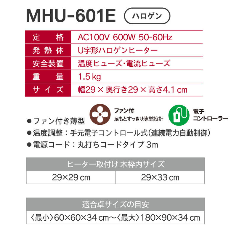 メトロ こたつ用取替えヒーター 600W U字形 ハロゲンヒーター 温風ヒーター【在庫あり】METRO MHU-601E(DKA) 速熱 即暖性 すぐにポカポカ暖かい