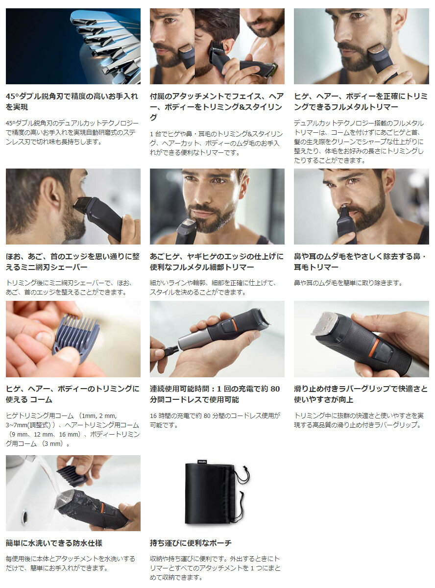 フィリップス マルチグルーミングキット 1台でヒゲのトリミング＆スタイリング 鼻 耳毛のお手入れ ボディ ヘアーカット フィリップス メンズグルーミング 体毛ケア【お取り寄せ】PHILIPS MG5730/15 2