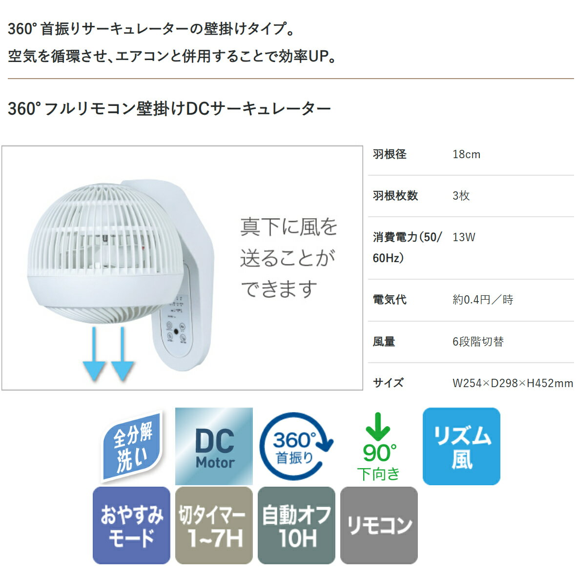 サーキュレーター 首振り 洗える 分解 DCモーター 18cm 3枚羽 360度回転 真下 壁掛...
