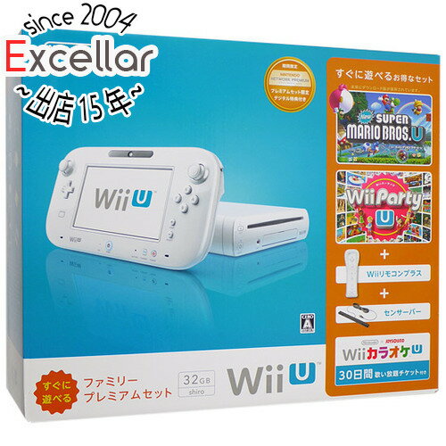 商品名【中古】任天堂 Wii U すぐに遊べるファミリープレミアムセット shiro 元箱あり商品状態 動作確認済の中古品です。 ※ゲームパッドに傷、汚れ、黄ばみ、使用感があります。ご理解の上、ご検討お願いします。 商品名 Wii U すぐに遊べるファミリープレミアムセット shiro セット内容 ●本体 Wii U本体 （シロ）（本体保存メモリーの容量32GB） ●周辺機器（※1） Wii U GamePad（タッチペン含む） Wii U本体 ACアダプター Wii U GamePad ACアダプター HDMIケーブル Wii U GamePad充電スタンド Wii U GamePadプレイスタンド Wii U 本体縦置きスタンド Wiiリモコンプラス（シロ） センサーバー Wii U GamePad 水平スタンド（※2） ●ソフト（※3） New スーパーマリオブラザーズ U　（ダウンロード版） Wii Party U　（ダウンロード版） ●特典（※4） Nintendo×JOYSOUND Wii カラオケ U 30日間歌い放題チケット（※4）※チケット有効期限は2015年3月31日までです。 ニンテンドーネットワークプレミアム※ポイント付与期限は2014年12月末日までです。 ※1 本商品にはヌンチャクは付属しておりません。一部のゲームソフトではプレイ内容によってヌンチャクが必要です。 ※2 『Wii Party U』の一部のゲームで使用するWii U GamePadを水平に保つスタンドです。 ※3 ダウンロードソフトは初期化済の為一時的に消去されておりますが、ネット環境があれば再ダウンロードが可能です。 ※4 使用期限は終了しています。 備考 ※「クラブニンテンドー」サービスの終了に伴い、クラブニンテンドーポイント付与期限は2015年4月20日までとなります。 付属品 ※画像のものがすべてです。ご確認後、ご検討お願い致します。 その他 ※商品の画像はイメージです。その他たくさんの魅力ある商品を出品しております。ぜひ、見て行ってください。※返品についてはこちらをご覧ください。　