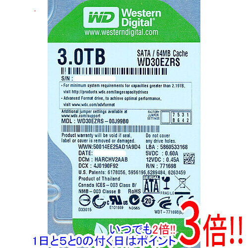 【中古】Western Digital HDD WD30EZRS 3TB SATA300 1000〜2000時間以内