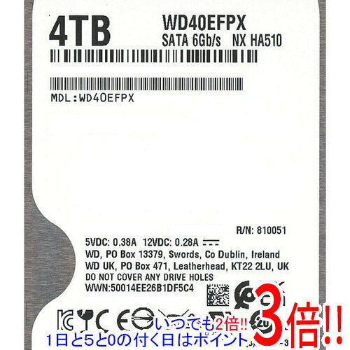 【1日と5.0のつく日、18日はポイント3倍！】【中古】Western Digital製HDD WD40EFPX 4TB SATA600 5400 500〜1000時間以内