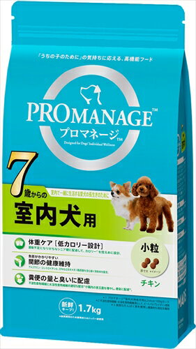 「うちの子のために」高機能フード室内で一緒に生活する7歳からの愛犬にぴったりなケアを。「うちの子のために」の気持ちに応える、高機能フードです。■体重ケア【低カロリー設計】運動不足になりがちなシニア期に配慮して、カロリー*1を控えめに設計*1プロマネージ室内犬用成犬用比 25kcal/100gカット■負担がかかりやすい関節の健康維持グルコサミン・コンドロイチンと、EPA などのオメガ-3脂肪酸を含む緑イ貝粉末を配合。■糞便の量と臭いに配慮不溶性食物繊維と水溶性食物繊維の適切な配合*2が腸内の善玉菌を増やし、便臭に配慮*3。*2 不溶性食物繊維・水溶性食物繊維源として、ビートパルプとイヌリン使用*3 良質なたんぱく質を使用し健康的な消化を維持・気になる口臭のケアミネラル成分配合の粒を噛むことで歯垢・歯石の蓄積を防ぐ。・美しい毛づやの健康の維持リノール酸を豊富に含むひまわり油とビタミンB群、亜鉛を適切にブレンドし配合。毛づやの健康をサポート。・腸内環境の健康を維持ビートパルプとイヌリン(水溶性食物繊維)を適切にブレンドし配合。腸内環境の健康をサポートし健康的な便に。・健康を保ち免疫力維持ビタミンC、ビタミンE、タウリン、β-カロテン・リコピンの豊富なトマトパウダー、ルテイン豊富なマリーゴールドなどの抗酸化成分の適切なバランスによる配合で健康を保ち、免疫力維持をサポート。・健康的な皮膚の維持パントテン酸、ナイアシン、コリン、ヒスチジンを豊富に含む良質なチキンの適切な配合でセラミドの形成をサポートし、健康的な皮膚の維持。・お口の健康維持8の字型の粒。噛むことで歯垢・歯石の蓄積を防ぐ。・シニア期の心臓の機能の健康維持心臓の筋肉に含まれるタウリンを新たに配合。DHAを含むフィッシュミール（魚由来）入り。ナトリウムの量も調整。原材料(成分):米、チキンミール、さとうもろこし、とうもろこし、家禽類、チキンエキス、鶏脂、コーングルテン、シュガービートパルプ、ひまわり油、フィッシュミール、イヌリン、トマトパウダー、マリーゴールド、緑イ貝粉末、低ラクトース乳清、初乳、STPP(トリポリリン酸塩)、ビタミン類(A、B1、B2、B6、B12、C、D3、E、コリン、ナイアシン、パントテン酸、葉酸)、ミネラル類(亜鉛、カリウム、カルシウム、クロライド、セレン、鉄、銅、ナトリウム、ヨウ素、リン)、アミノ酸類(アルギニン、タウリン)、酸化防止剤(BHA、BHT、クエン酸、ミックストコフェロール、ローズマリー抽出物)保証成分:タンパク質24.0％以上、脂質12.0％以上、粗繊維5.0％以下、灰分10.5％以下、水分10.0％以下エネルギー:350kcal/100g給与方法:■1日の食事量の目安 【肥満に配慮したい時】 体重1kg：25g(200mlカップ0.3)、体重2kg：40g(200mlカップ0.5)、体重3kg：50g(200mlカップ0.7)、体重4kg：65g(200mlカップ0.8)、体重5kg：75g(200mlカップ0.9)、体重6kg：85g(200mlカップ1.1)、体重8kg：105g(200mlカップ1.3)、体重10kg：125g(200mlカップ1.5)、体重15kg：170g(200mlカップ2.1)、体重20kg：210g(200mlカップ2.6) 【現状が理想体重の時】 体重1kg：30g(200mlカップ0.4)、体重2kg：50g(200mlカップ0.6)、体重3kg：65g(200mlカップ0.8)、体重4kg：80g(200mlカップ1.0)、体重5kg：95g(200mlカップ1.2)、体重6kg：105g(200mlカップ1.3)、体重8kg：130g(200mlカップ1.6)、体重10kg：155g(200mlカップ1.9)、体重15kg：210g(200mlカップ2.6)、体重20kg：260g(200mlカップ3.2) ■プロマネージには、成犬に必要な栄養がバランスよく含まれていますので、本製品と水のみで毎日の食事として十分です。 ■1日の食事量を、1日2〜3回に分けて与えて下さい。 ■新鮮な水をいつでも飲めるようにたっぷり用意してあげてください。 ■上記を目安に愛犬の体重や運動量に合わせて与える量を加減してください。賞味／使用期限(未開封):18ヶ月賞味期限表記:4：dd/mm/yyyy原産国または製造地:オーストラリア保管方法:直射日光の当たらない、湿気の少ない涼しいところに保管してください。開封後は、開封口を必ず閉じて、なるべく早く使い切ってください。また、虫が入らないように、しっかり密封してください。