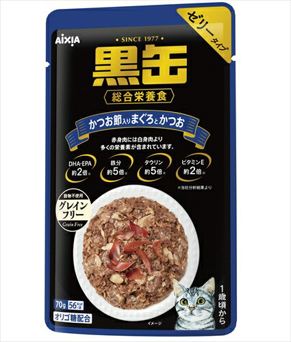 まぐろとかつおの赤身肉ベースの総合栄養食！・DHA、EPA、鉄分、タウリン、ビタミンEを含むまぐろとかつおの赤身肉ベースの総合栄養食です。・穀物が苦手な猫にも適したグレインフリー設計。・善玉菌を増やし腸内の健康をサポートするオリゴ糖を配合。・ゼリータイプ。原材料(成分):魚介類(マグロ、カツオ、かつお節、フィッシュペプチド)、オリゴ糖、増粘多糖類、ミネラル類(Ca、Mn、Zn)、ビタミン類(A、E、K、B1)保証成分:たんぱく質13.9％以上、脂質0.9％以上、粗繊維0.1％以下、灰分3.5％以下、水分82.0％以下エネルギー:56kcal/袋給与方法:・パッケージ記載の表を目安に1日分を2～4回程度に分けてお与えください。・ドライフード等と併用して与える場合は、エネルギー要求量を参考に計算してお与えください。・猫の種類、性別、月齢、運動量に合わせてお与えください。賞味／使用期限(未開封):730日賞味期限表記:8：その他賞味期限表記その他:yy/mm/d原産国または製造地:タイ保管方法:・開封後は冷蔵庫で保管し、早めにお与えください。諸注意:・魚を原料に使用しているため、骨や皮が混入する場合がありますのでご注意ください。・中身が分離していることがありますが、品質に問題はありません。開封前によく振ってください。・天然由来の原料をしようしているため、色合い・粘度・形状に多少のバラつきがあります。