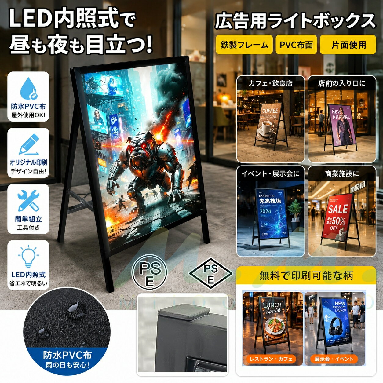 看板 広告用ライトボックス A型看板 光る看板 スタンド型 カスタムデザイン可能 高品質PVC布 防水 防汚 折りたたみ収納 屋外対応 LED照明板 店舗／屋外／イベント／結婚式／展示会／移動販売／工事現場 防水防汚 折りたたみ収納 多用途
