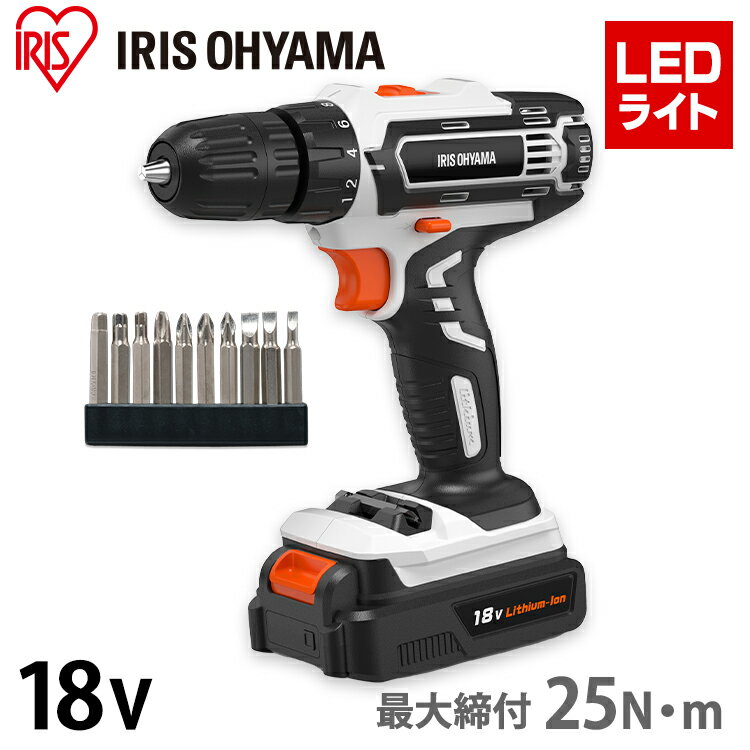 組み立て家具にオススメ。18Vだから馬力が違う。最大締付トルク25N・m。使いやすいコンパクトボディ。握りやすさ抜群の滑りにくいソフトグリップ。力を入れずにラクラクネジ締め。軽量・コンパクトなボディに本格的な機能を搭載。穴あけ、ネジ締め、家具の組み立て、日曜大工・DIY等に活躍します。POINT1　スピード調節回転スピードはツマミで2段階切り替え可能。ネジを入れる素材に合わせて、高速と低速の2段階にスピードを切替え。さらに、トリガーで細かなスピード調整が可能。速さを調節しながらネジを真っ直ぐ締められる。POINT2　クラッチ機能クラッチ機能で13段階のトルク調節が可能。トルク（締め付けの強さ）は豊富な13段階。素材にぴったりの強さで作業でき、板などが割れるのを防ぐ。設定したトルクの強さに達すると空回りして、ねじの締めすぎを防止。ネジ穴が潰れるのを防ぎます。POINT3　スリムグリップ握りやすいスリムグリップ。持ちやすさと安定感が魅力のグリップは直径35mm。女性の手のひらにも収まるサイズ。POINT4　LEDライトで暗い部分の作業も快適。回転と同時にライトON。LEDライト付きだから暗い部分の作業も快適。POINT5　コードレス。簡単充電＆コードレス。本体から外したバッテリーを充電器に指すだけ。バッテリータイプだからネジの打ちにくい場所や高い場所、外での作業にも。POINT6　多彩なビット。便利な10種類のビット付き。●商品サイズ（cm）(充電池含む)全長約20×幅約7.5×高さ約22.6●質量(充電池含む)約1.3kg●定格電圧DC 18V●充電池リチウムイオン二次電池●最大チャック把握経10mm●使用可能なビットサイズ直径1〜10mm(六角/丸軸対応)●無負荷回転数（min-1(回／分)）低速：0-450min-1高速：0-1350min-1●最大トルク25N・m●付属品充電式リチウムイオン電池：DBL1820充電器：DBLC18ビットセット(10種)【充電池仕様】●充電池リチウムイオン二次電池●定格電圧DC 18V●充電池容量2000mAh●使用温度0〜40℃(充電時：5〜35℃)【充電器仕様】●定格電圧DC 18V●入力AC100　50／60Hz●出力DC20V　2A●充電時間約60分※本製品は家庭用です、業務用にはお使いにならないでください。（検索用：ドライバー 工具 DIY ドライバー 充電式 ライバドリル 電動ドライバー 電動ドリル 電動ドリルドライバー ドライバー ドリル ドライバードリル ドリルドライバー 工具 充電式 電動工具 4967576496162） あす楽対象商品に関するご案内 あす楽対象商品・対象地域に該当する場合はあす楽マークがご注文カゴ近くに表示されます。 詳細は注文カゴ近くにございます【配送方法と送料・あす楽利用条件を見る】よりご確認ください。 あす楽可能なお支払方法は【クレジットカード、代金引換、全額ポイント支払い】のみとなります。 下記の場合はあす楽対象外となります。 15点以上ご購入いただいた場合 時間指定がある場合 ご注文時備考欄にご記入がある場合 決済処理にお時間を頂戴する場合 郵便番号や住所に誤りがある場合 あす楽対象外の商品とご一緒にご注文いただいた場合ご注文前のよくある質問についてご確認下さい[　FAQ　] 　 　　