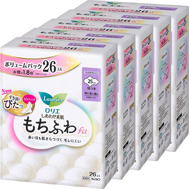 【最大400円OFFクーポン★新生活フェア】【5個セット】ナプキン 生理用品 羽つき ロリエ しあわせ素肌 もちふわfit 特に多い昼用 羽つき 26コ 25cm 花王 ロリエ 生理 生理用品 サニタリー もちふわFit ナプキン もちふわ 羽つき 無香料