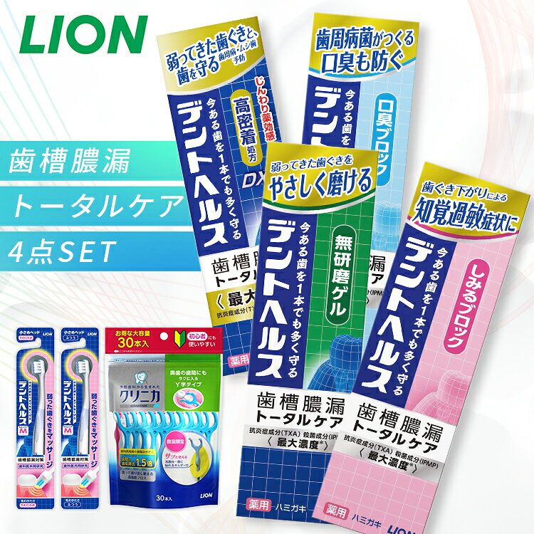 デントヘルス 薬用ハミガキ 4点セット（ハミガキ・ハブラシ×2・デンタルフロス） ライオン 知覚過敏 研磨剤無配合 口臭ケア 歯周病予防 トータルケア LION しみるブロック 無研磨ゲル 口臭ブロック 薬用ハミガキDX ハブラシ/やわらかめ ふつう