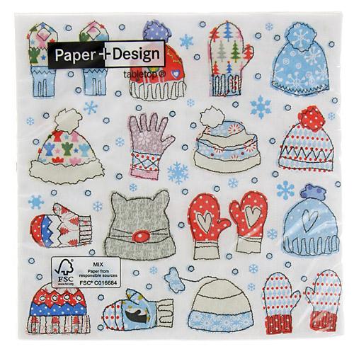 5枚ペーパーナプキン　ミトン＆帽子　ホワイト[Paper+Design]冬柄　ニット帽　ニット手袋