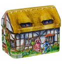 輸入菓子 缶入りトフィー わらぶき屋根のコテージ缶チャーチル貯金箱・イギリス田舎の家